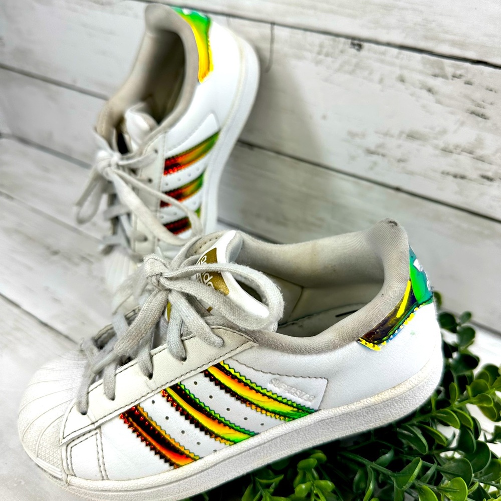 Adidas Superstar Girl Size 11 White Metallic Athletic Casual Shoes Sneakers